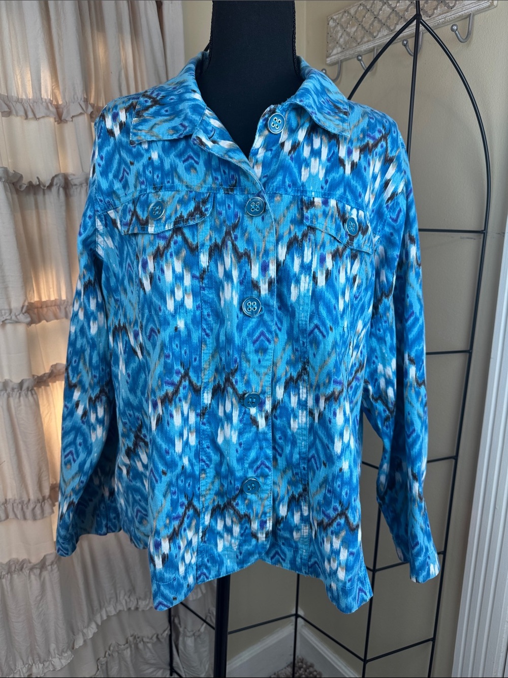 Analogy Women Blue Button Down 2 Pocket Jacket Shacket Size 1X EUC